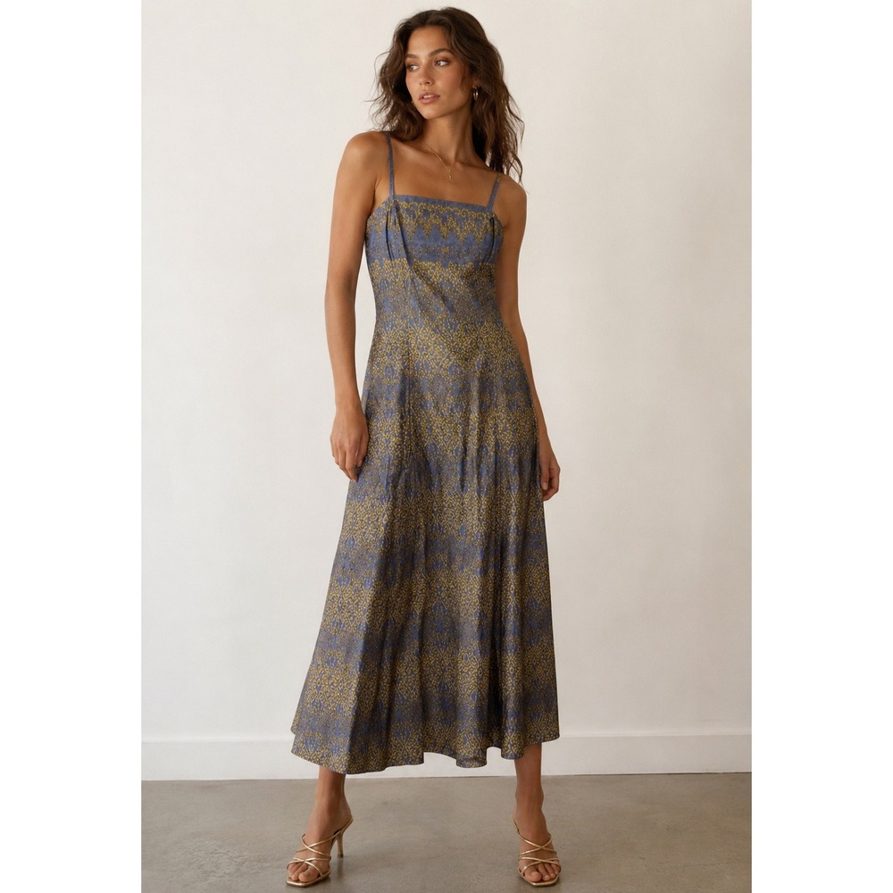 Peruvian Connection Womens 6 Pima Cotton Midi Dress Blue Gold Boho Sleeveless‎